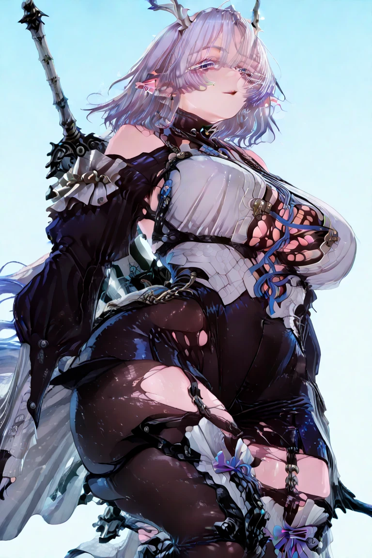 best quality,highly detailed,masterpiece,ultra-detailed,1girl,(white background),simple background,Delicate eyes,emilia_\(re:zero\),silver hair, purple eyes,hair_ornament,(off-shoulder shirt:1.3),long hair,pointy_ears,crown_braid,expressionless,Straight hair,(++sitting:1.2),