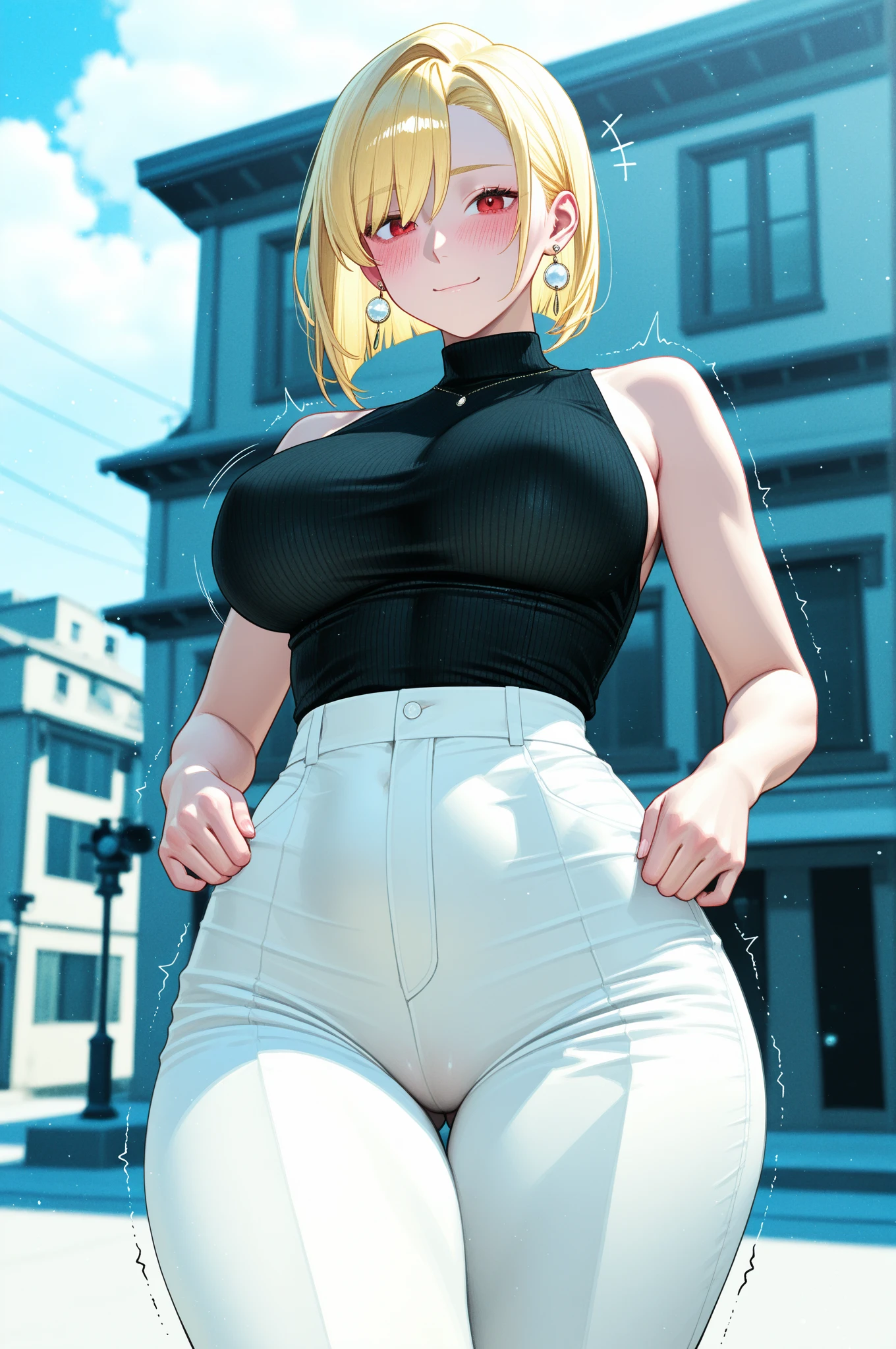 masterpiece, best quality, 1girl, solo, mature female, venusbody, gigantic breasts, thick thighs, gigantic ass, straight hair, short hair, blonde hair, blue eyes, white t-shirt, black pants, outdoors, facing viewer