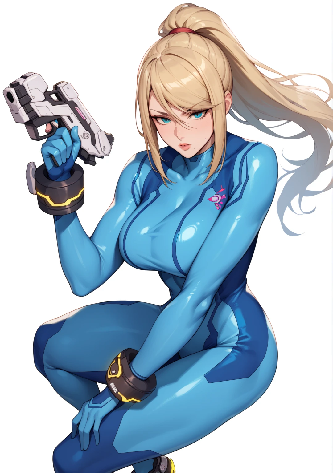 (masterpiece, best quality, highres, high resolution:1.2), extremely detailed, intricate details, 1girl, solo, looking at viewer, <lora:NikkeProfile:1> IncrsNikkeProfile, full body, zoom layer, holding weapon, holding gun, one knee, <lora:samus-nvwls-v1-final:0.8> samus aran, ponytail, hair tie, blue gloves, blue bodysuit, high heels,, (cinematic lighting, bloom, volumetric),