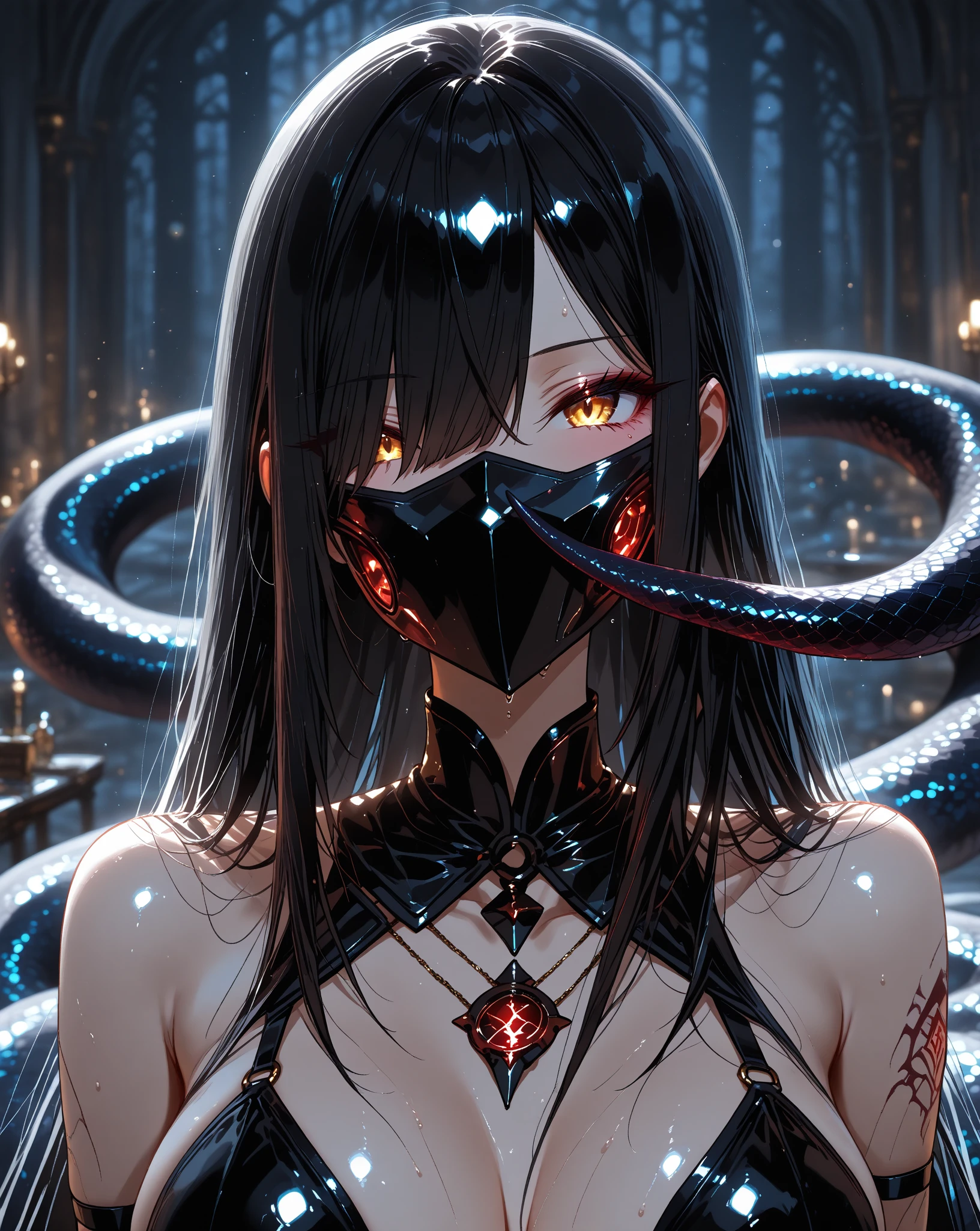 Masterpiece, Best quality, (Extremely detailed Cg Unity 8K wallpaper, Masterpiece, Best quality, Ultra-detailed, Best shadow), (Detailed background), (Beautiful detailed face, Beautiful detailed eyes), High contrast, (Best illumination, An extremely delicate and beautiful),1 girl, (Black mask), Burning eyes, ((Blood on clothes)), Survival, fear, Fire, ((The mask covers your mouth)),arachne