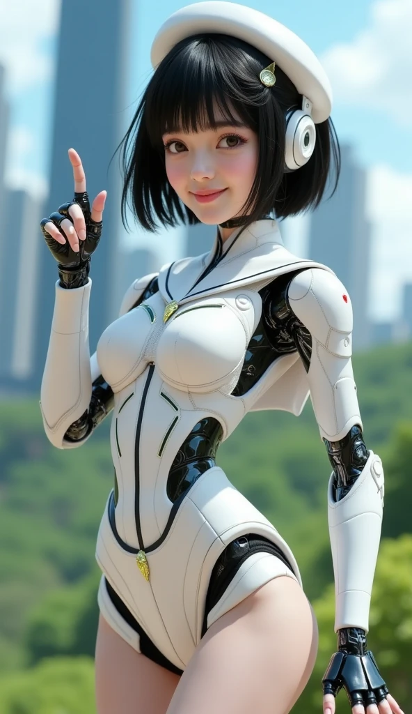 boyish， ((punky outfit based on white))， cute (((大きな headphones))) ，1 girl, high resolution,  reality photo，Big Breasts，Relax indoors， headphones ，10th Generation，Near Future City，A monochrome room，Pure white hair with strong perm，Futuristic costumes，Robot-like seamless body，short cut hair、(machine body)