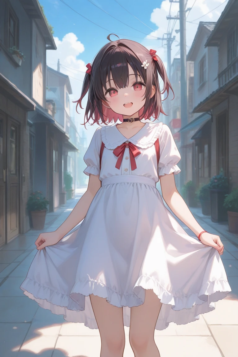 masterpiece, highest quality, girl, alone, private server,No sleeve,white dress,outdoor,red eyes,smile, blush,black hair bob,sexy face,Cheeky smirk,mischief,spring,flower,Does not show fingertips,hide your hands,holiday