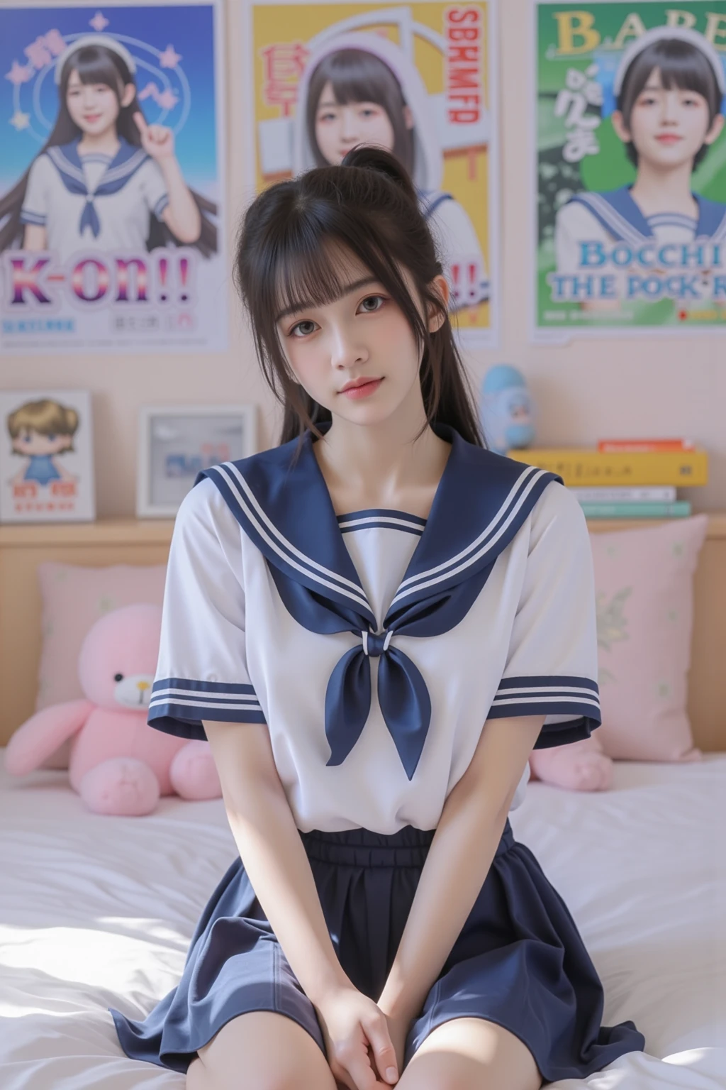 (((Draw only one woman: 2))), Beautiful 18 year old Japan woman, (High school girl in short sleeve sailor suit: 1.5), (Japan strict girls' school sailor uniform), ( High school girl pretending to be sitting in church pews: 1.2), (Beautiful and elaborate stained glass on the background: 1.5), ((1screen)), 8K, RAW shot, top quality photo, masutepiece, Nice realistic photos , ((Anatomically correct proportions: 1.5)), ((Perfect proportions)), Cute woman like an idol of Japan, Detailed face, Detailed eyes, Narrow Nose, Detailed hands and fingers, Detail Arm, Detailed skin, Detailed legs, short torso, Slender body, (shiny long hair: 1.5), (Large breasts: 1.5), Fit sailor suit