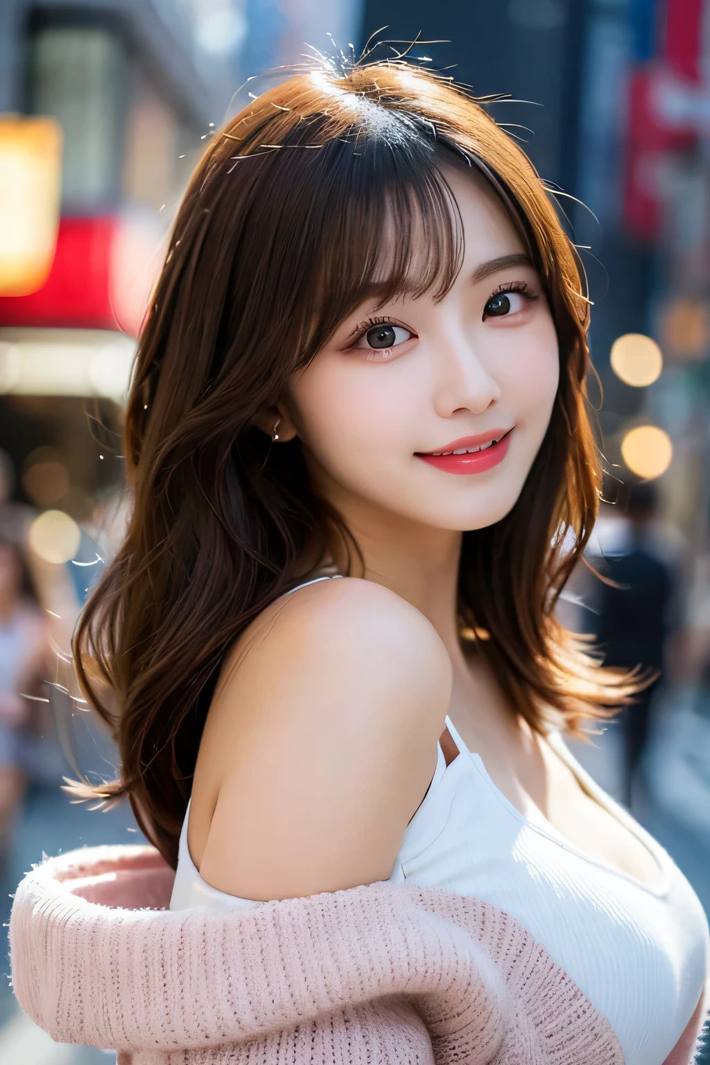 Looking into the camera、Staring at the audience、Normal chest、Cute Smile、((Real Photo:1.5)),Realistic、Live Action、Cleavage、Lightweight tank top、Above the knees photo、Keep your back straight、On the chest、Stand upright、(Surreal), (High resolution), (8K), ((Very detailed)), (Best illustrations),(((Beautifully detailed round eyes))), (Sexy Eyes), (Sexy smile), (Highest quality), (Tabletop), (Detailed face), alone, Long curly brown hair,1.1, (Super-detailed lip-lock eyelid body), Bodies facing random directions,