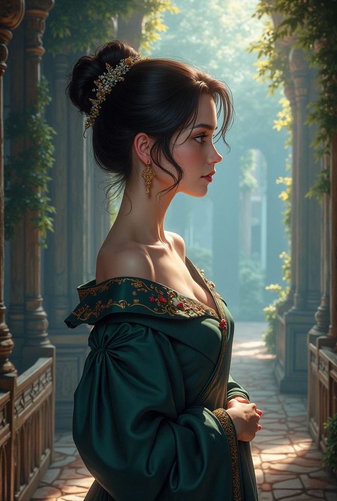 one, digital painting of a woman with her hair tied up in a bun, Brown hair, green eyes, young noblewoman from the 1800s , calm face, looks down, dark red dress, closed beautiful dress, decorations on the head around the hair portrait style, looking away, in a beautiful and green garden