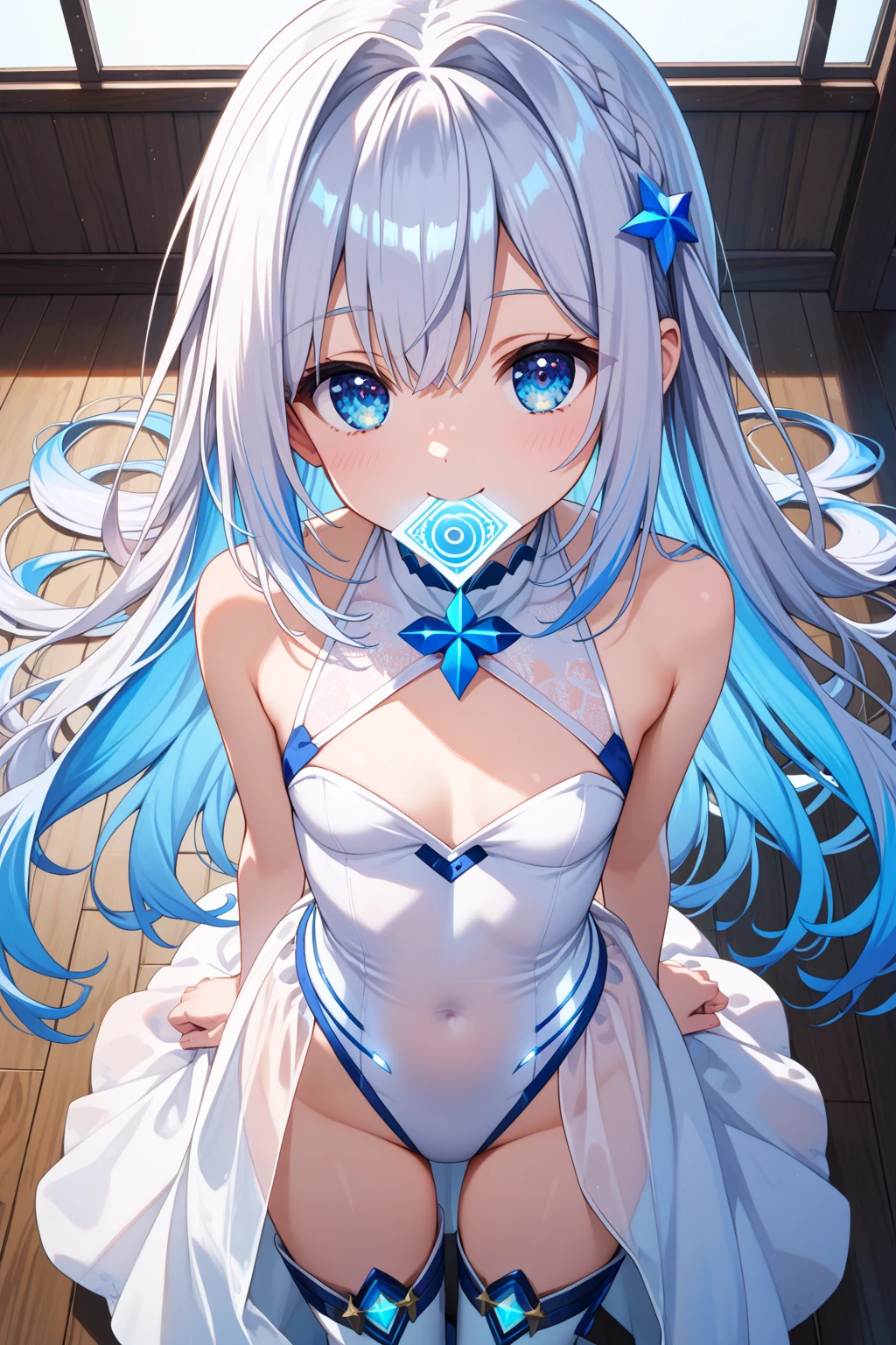 (sunaookami shiroko:1.2), {{{{masterpiece, extremely detailed, intricate details, soft focus, 8K, highres, depth of field, absurdres, high quality facial shadowing, dynamic shadowing, extreme shaders, cinematic lighting, perfect lighting, soft lighting, hazy lighting, blurry foreground, lens flare}}}}, best quality, asian qualities, {front view}, (solo:1.2), (beautiful young girl:1.3), high school girl, {{{extremely detailed girl, perfect anatomy, perfect body}}}, (detailed neon angel halo:1.4), bright blue double halo, (beautiful-detailed hair:1.3), dark silver hair, luscious curly hair, (hair splayed out:1.2), beautiful-detailed facial structure, detailed beautiful face:1.3, sexy face, cute face, slender facial structure, (detailed face:1.33), (beautiful-detailed eyes:0.7), big eyes, (detailed eyes:1.2), glowing bright blue eyes, cat eyes, silver cat ears, (detailed boobs:1.3), small size boobs, (detailed facial expression:1.1), shy, slightly open mouth, detailed red blush, shy hand gesture, (detailed hair ornament:1.3), (white angel side hair ornament:1.3), (detailed necklace:1.2), (glowing blue t-shape cross necklace:1.3), (winter school uniform:1.3), beautiful-detailed pure white off-shoulder fluffy school jacket, beautiful-detailed white blouse, beautiful-detailed white winter micro-skirt dress, winter night, (enhanced background:1.4), snow falling at midnight with clear skies overhead, snow on sidewalks with Christmas lights on tree's surrounded the viewer, (cowboy shot:1.1), hazy photo, (warm photo:1.3)