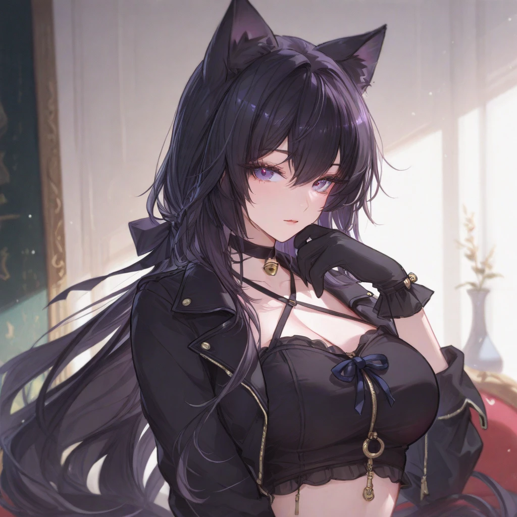 Personagem cabelo preto, olhos vermelhos, black outfit with stylish accessories, orelha e dente de lobo