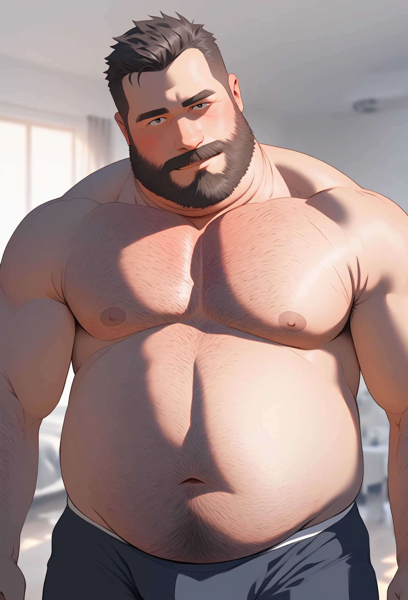 Old daddy man with a big hairy belly standing in a doorway, heavy set body, chubby big belly, thick body, thicc, inspired by faizon love, gigachad muscular, hyper real render, hyperrealistic full figure, ultra realistic picture, exaggeratedly large physique, big muscle, attractive beefy man, hyper realistic”, dad bod