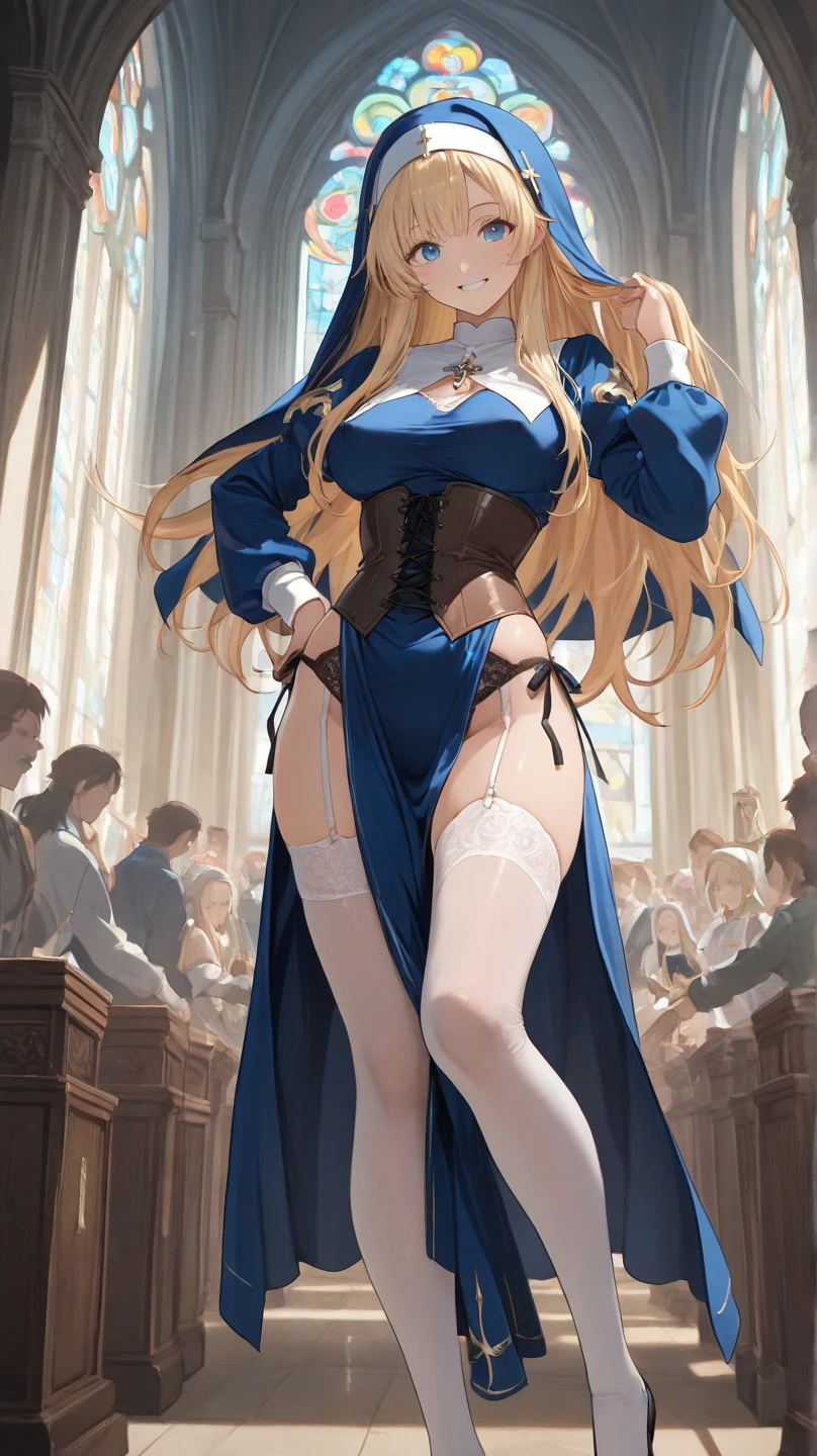 masterpiece, Highest quality, Official Art, Highly detailed CG Unity 8k wallpaper, Detailed Background, (Handcrafted by Guido Daniele), (Finger details), Mature Girl 1, (Curvy), (Nuns), (Bible in hand, A book with a cross on the cover:1.12), (standing in church), (Nuns gown:1.12), (Chest Curtain:1.12), (Nuns skirt:1.11), (White Garter Straps Garter Belt:1.12), (Blonde long hair:1.12), (Hair Intake:1.12), (Green Eyes:1.2), blush, (Loving smile, holy smile), (Huge breasts), (Long chest, Saggy breasts:1.12), (Let go of my chest), Tight waist, Shiny skin, (Cross Necklace), indoor, (Sacred Scene), (church:1.11), (Sunlight streaming through stained glass),sagging breasts,milf,nun