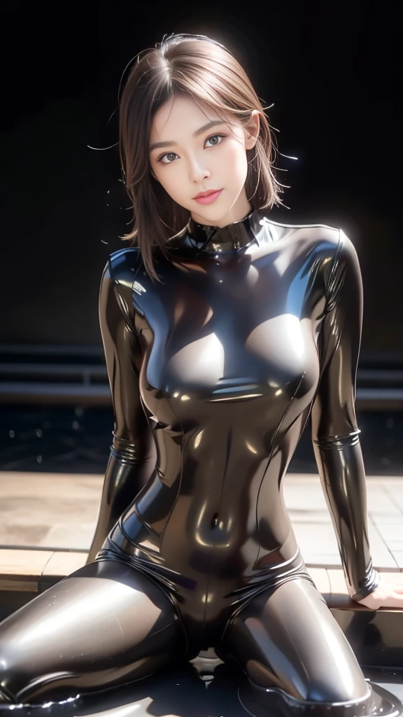 blue eyes, stunning proportions, smile, photorealistic, spiffy bodysuit, skin fit, shiny skin, zerosuit, large breasts