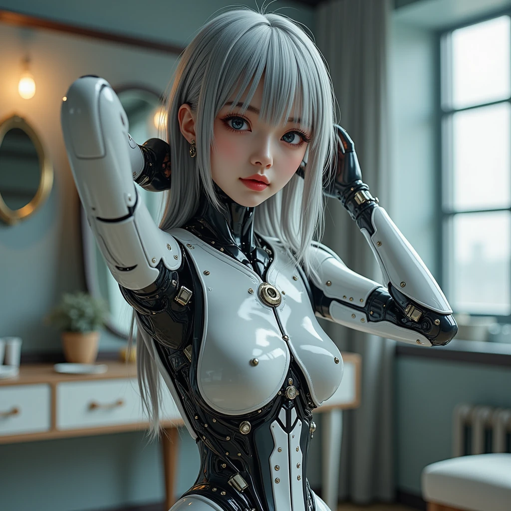 Beautiful Face,1 Woman, Curvaceous, Top Quality, Masterpiece, Ultra Detailed, ((((Bikini Cyborg Robot Parts)))), (Light Grey Hair), Long Hair, Wavy Hair, Twin Tails, Medium Shot, (((Seductive Smile)), (Black Eyes), Princess Cut, (Cowboy Shot),Squatting,Spread Your Legs,HR Giger,