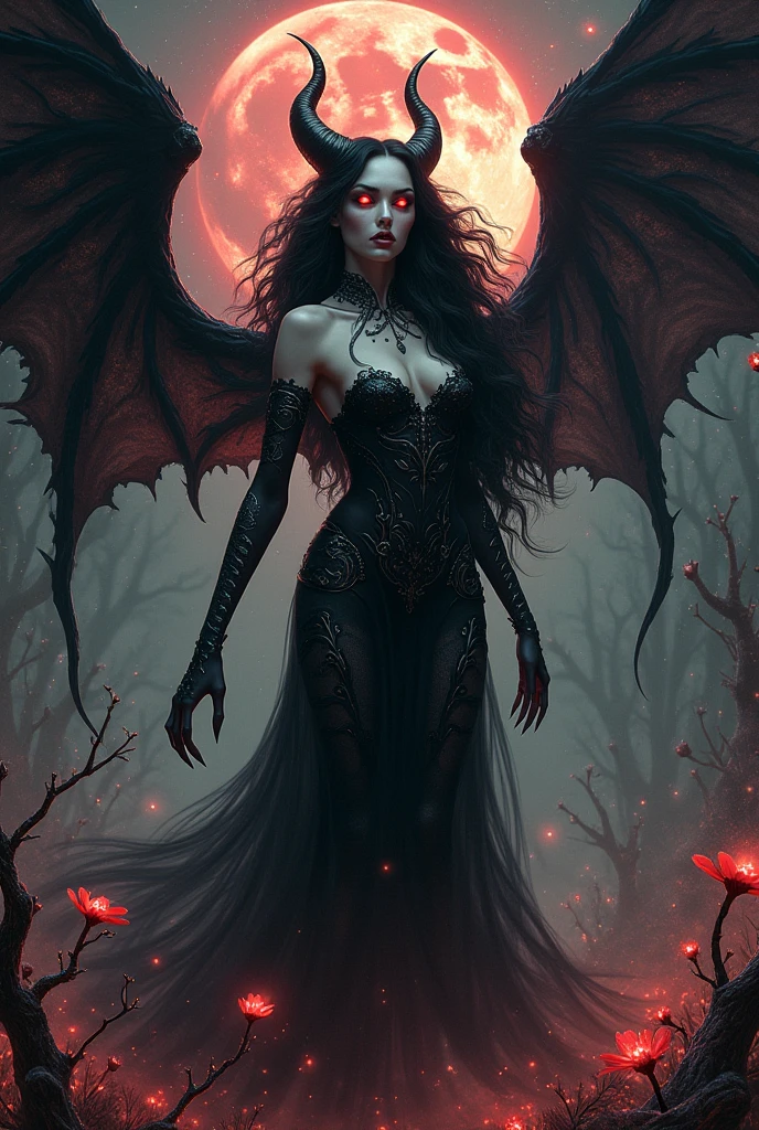 The image portrays a dark and mesmerizing scene, where a tall, seductive, and mature figure stands as the central focus. The illustration, created with the utmost care and attention to detail, captures the essence of a hauntingly beautiful vampire. Rendered in an astounding 8k resolution, every intricate detail comes to life, immersing the viewer in a world of dark enchantment.
The figure's body exudes an alluring seductiveness, emphasized by the realistic and ultra-detailed rendering. The lighting and shadows, meticulously crafted, enhance the depth and realism of the image, bringing out the subtle nuances of the character's form. The high-resolution depiction captures the essence of a vampire's essence, with a touch of the supernatural and a hint of danger.
The character's bat wings unfurl majestically, evoking a sense of mystery and power, while bats gracefully fly around, adding to the magical ambiance. In the night setting, dark magical auras envelop the figure, their ethereal glow highlighting the supernatural nature of the character.
The dark theme is further amplified by the presence of a blood moon and a red sky, creating an atmosphere of foreboding. The image is set against the backdrop of a gothic-style castle, adding an additional layer of darkness and mystery.
To accentuate the vampire's allure, the image depicts shining red eyes, emanating a seductive and captivating gaze. A single blood drop adorns the character's body and eyes, symbolizing their connection to the essence of life. Blood splashes on the ground, further emphasizing the character's power and the danger they embody.
The captivating face of the character is beautifully rendered, featuring the Tyndall effect and high-detailed skin, adding a touch of realism to the image. The messy hair contorted in an alluring manner, adds to the character's captivating presence
