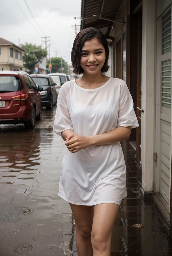 Surreal picture Young woman aged 25 Thai people have beautiful bodies Walking in a rural village wearing a thin pink dress The wind was blowing violently, his hand struggling to hold onto her skirt. smiling face On the road, there was mud on the side of the road and there were trees. It had rained a little and got wet. photorealistic The picture is beautiful, sharp and realistic.