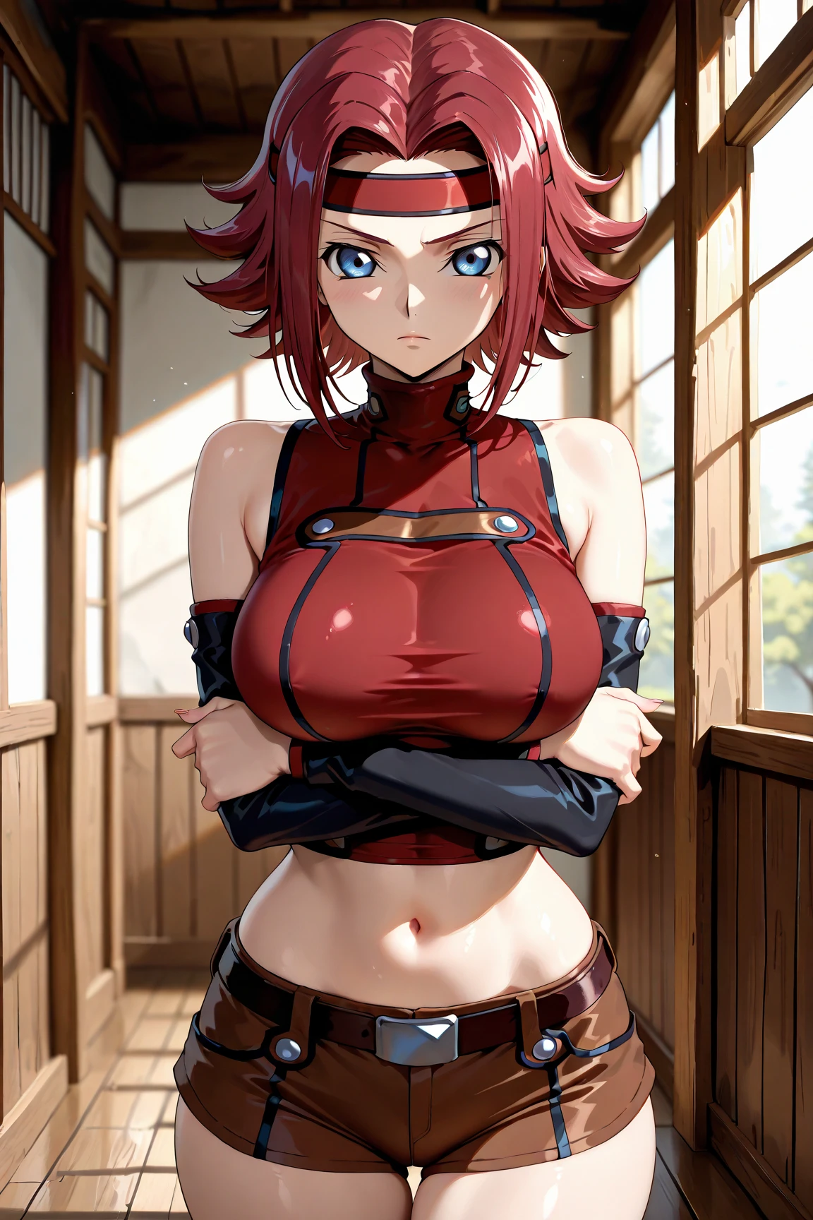 (master piece), (melhor qualidade), (4k), 1girl, anime, corpo de uma mulher jovem adulta, corpo esguio, pele clara, seios pequenos, bunda definida, roupa aberta, roupa com decote aberto, olhos detalhados, olhos cintilantes, olhos azuis, cabelo ruivo, cabelo curto, boca detalhada, rosto detalhado, corpo detalhado, deth of field, blour effect, hdr