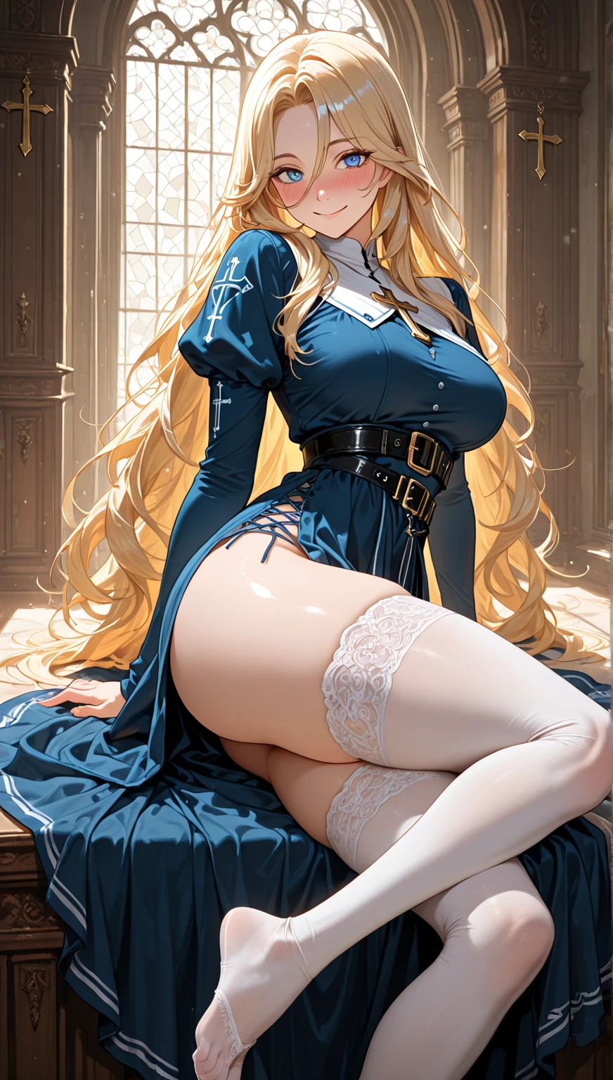 Best Best quality, masterpiece, ultra high res, raw photo, beautiful and aesthetic,deep shadow, dark theme,(ultra detailed:1.3),
1girl, dress with frills, gloves, stockings, sitting on bed, Headdress, hair ornament, full of curtain, drill hair, long hair, blonde hair, gradient hair, yellow eyes, solo, huge breasts, G-cup, big hair, blue hair, tiara, divine goddess, looking at viewer, royal palace, indoors, bedroom, astraea, full body, maid outfit, cow horns