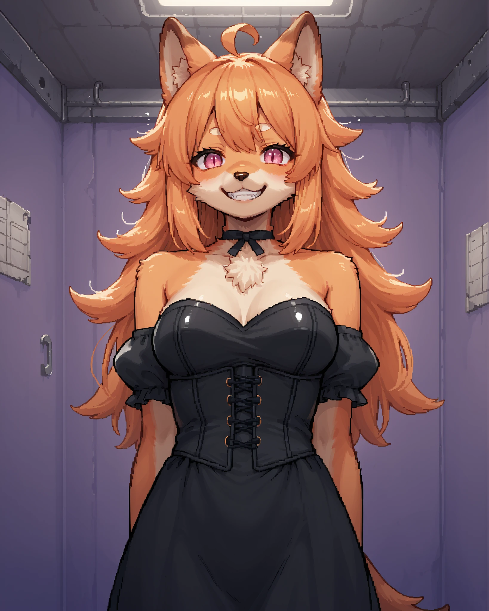 score_9, score_8_up, score_7_up, source_anime, 1girl, solo, pixel art, Suurin, suurin \(ksyaro\), suurin 2, furry dog girl BREAK
Dog ears and tail, (furry, kemono), orange hair BREAK bangs, pink eyes BREAK long hair, (orange fur skin, body fur), messy hair, medium breasts BREAK
Gothic dress, corset, black dress BREAK
Looking at viewer, smile, grin, slit pupils, standing, indoors, (abandoned laboratory), (purple walls, crumbling walls)