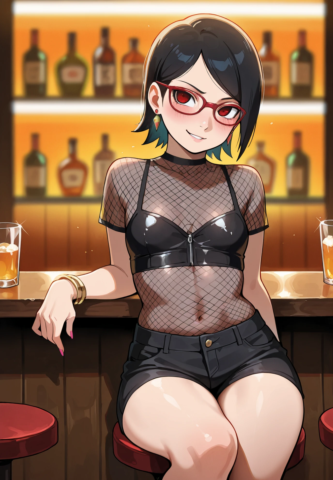 1girl,uchiha sarada, naruto \(series\), gyaru cosplay, smirk, blush, bracelets, earrings, fishnet top, naturally sagging ,sitting in a bar, sexy pose, depth of field, alluring atmosphere, cinematic lighting, masterpiece,top quality,warm color,high resolution,high fashion,absurdres extremely,vivid colors,intricate details,best quality,amazing quality,very aesthetic,newest,ultra-detailed,nsfw,
