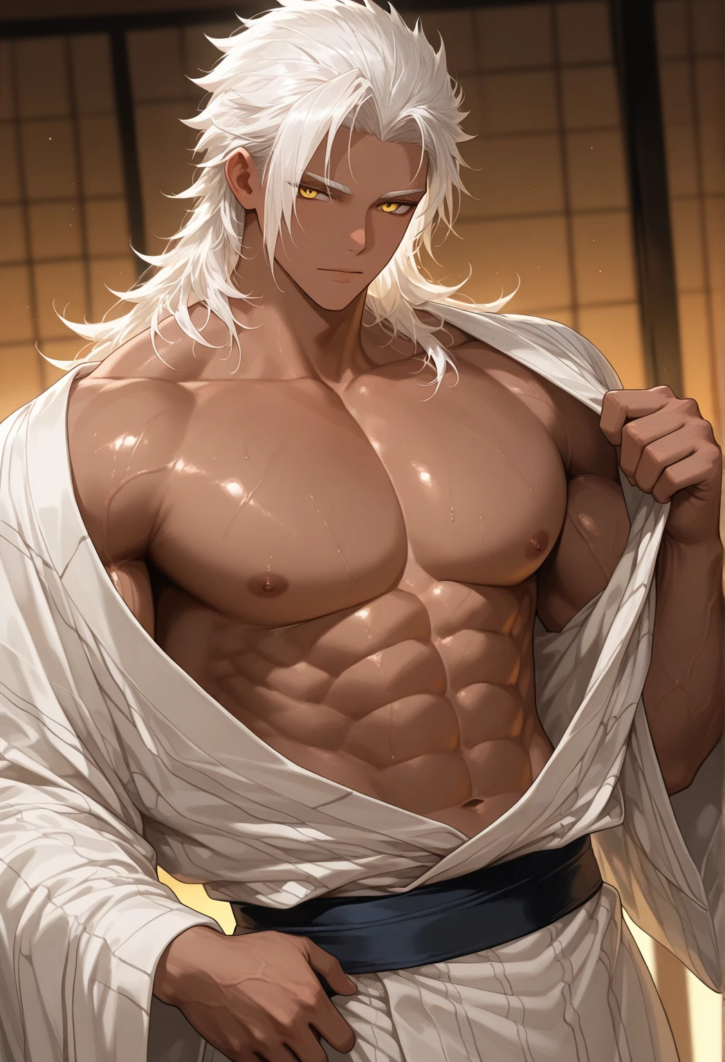 A tall, handsome, statuesque, masculine, adult man is platinum blond, he has tanned skin, blue eyes, long straight platinum hair, he is stripped to the waist, stands in the middle of the room, covers his groin with a large snow-white towel. His hair is wet, his skin is wet. Realistic image.