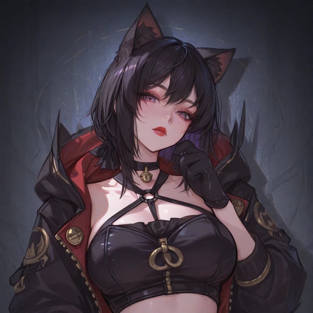 ((Raw photography,top-quality,hight resolution,Ray tracing,nffsw,Best Quality,Post-processing,portlate.3D,PureErosFace_V1:0.7,),(( Shiny dark red leather bondage outfit,golden luxury embroidery,Dark red BDSM,mistress,Bold figure,)))((((short hair hair,Emphasize cleavage,huge tit:4.0,Thin leg,Otto&#39;s eye,Elaborate depiction of limbs,a small nose,Have a perfect body,sleeveless,)))),((tthin eyebrows,long eyelashes,smil,二重まぶた,Vibrant eyes，looking down on viewers,red lipsticks,)),Create beautiful light effects on the background,Light Particle Filter,(finerly detailed face:1.3),chies