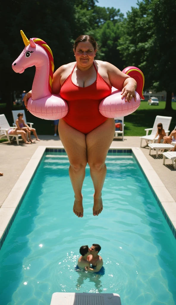 fat ssbbw curvy bottom heavy pear shaped wide hiped british women, 30 brunette, they are floating in the pool, they strike sexy poses, they are wearing floral one piece, swimsuits , view from behind and underwater