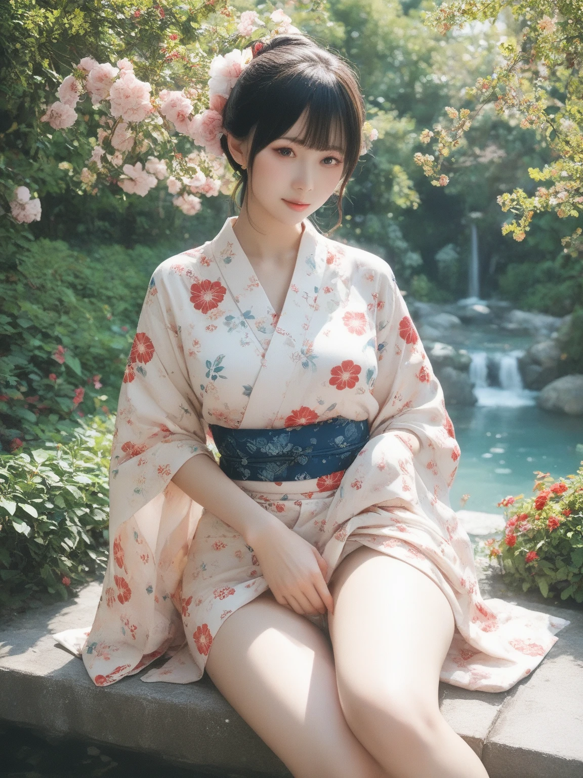 {A sheer black yukata}、{In the mysterious forest}、{Large Torii Gate}、{Sad expression}、{Worried look}、{Morning sunlight filtering through the trees}、{Japanese Shrines}、{Hair tied up}、{sit cross-legged}、1girl,Very beautiful Japan female idol、(RAW Photos,Highest quality)、(Genuine,Genuineistic:1.4)、Very delicate and beautiful、Very detailed、Soft Light、Beautiful detailed、Beautiful Eyes、Cinema Lighting、(Medium Hair)、(Bob)、Complete Anatomy、Slender body、Small breasts、美しいJapanese people women、Sharp focus, Perfect dynamic composition、Tilt your head、Model body type、 masterpiece、Highest quality、Ultra-high resolution、Ultra-high resolution photo、Smooth upscaled images 、HD resolution,、High Quality Boost,、Contrast Boost、Hyperrealism、Super fine、8k、elegant、 1people、Japanese people women、美しいJapanese people women、Ultra detailed face,、Captivating smile、cute、White skin、Fair skinの美しい肌、Brown eyes、Beautiful symmetrical face、Small face、Age 25、Beautiful black hair、 Beautiful small breasts、Skin between genuine people、Perfect figure、Perfect anatomical figure、whole body photos、Detailed and realistic people bodies、Detailed and realistic skin、Realistic face in every detail、Detailed and realistic eyes、Detailed and realistic lips、Detailed and realistic teeth、Detailed and realistic ears、Detailed and realistic hair、Beautiful Hands、Realistic feet down to the last detail、Realistic breasts down to the last detail、Realistic areola down to the last detail、Realistic nipples down to the last detail、Realistic female genitalia down to the smallest detail、Realistic vagina down to the last detail、Detailed and realistic clitoris、Realistic anus down to the last detail、Thick pubic hair with realistic detail、whole body、whole bodywhite skin、Fair skin、Check and fix the skeleton、Pubic hair is thick、Thick pubic hair、 Completely naked、urination、Pleasant expression、Blushing cheeks and an ecstatic expression, Leaking urine、A sex toy is inserted into the anus、Bun Hair、Wearing sandals、{Yukata Girls}、Put your arms behind your back、Open your mouth、 {In the mysterious forest}、Wooden table、{surrounded with plants}