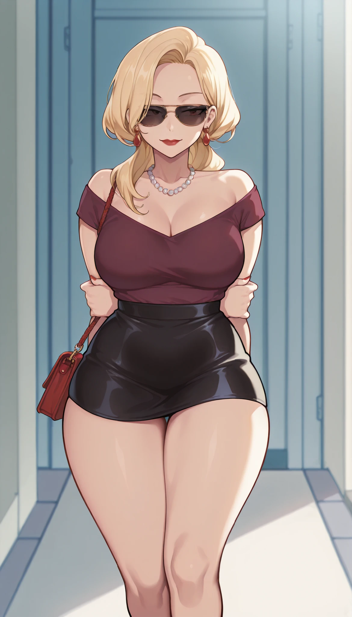 Kim Mi-Jung | Brave New World, beautiful perfectly curvy-voluptuous milf version, light-blonde hair, red nails, red plump glossy lips, and fair natural skin. She's wearing a mid-riff revealing short mini tube purple top with a straight neckline, a tight black mini short sexy skirt, big black branded Gucci sunglasses, a big white pearl necklace, and earrings. She's standing straight at a big school's gate, carrying one strappy purse over one shoulder, soft smile, eyes invisible and hidden beneath the sunglasses, gently carrying her little  in her arms, on a road. Show her body from head to knee, accurate Stuffy Ai style, SOLO, and super hyper-detailed.