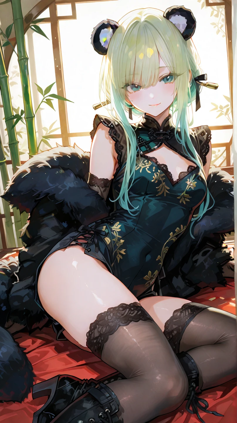 ロリ,masterpiece, highest quality,highquality,HD,anime,small female,cute,pretty,kawaii,fantasy,fairy,micro body,Green hair,Barefoot,slanted eyes, twintail,ebony skin,m spread legs