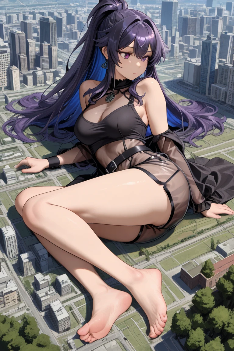masterpiece, best quality,KFC, 1 Girl, Bangs, only_Shoulder, skirt, breast, Gloves, Jewelry, Large target_breast, long_hair, long_sleeve, Pantyhose, purple_Eye, purple_hair, shirt, Solitary,Viewer,sunglasses,Bikini, (sun, cloud,A renaissance city by the water,outdoor :1.1),Rendering in Blender((Isometric)),