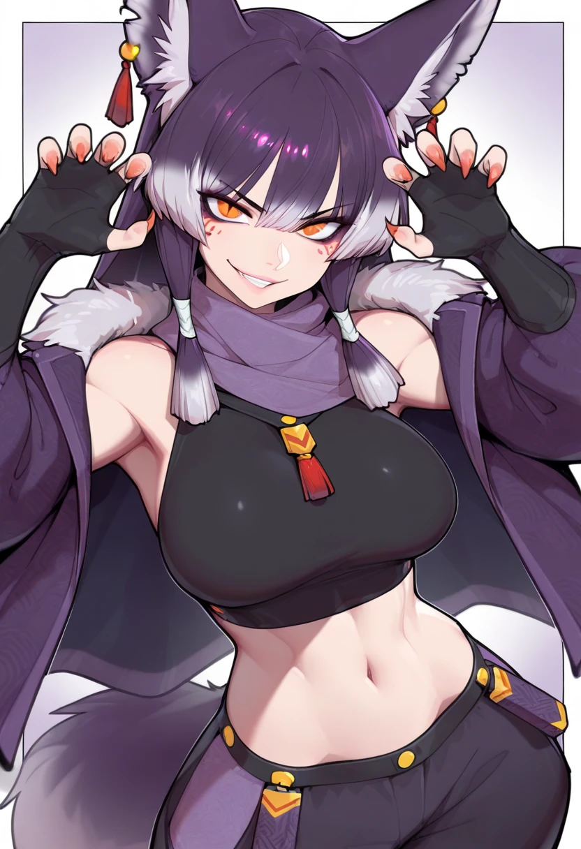 Highly detailed, High Quality, Masterpiece, beautiful, sharp focus, shiny skin, best quality, perfect anatomy:1.4, high detailed, 8k, highres, lineart, sketch, (masterpiece:1.4), (highest quality:1.4), (sharp focus:1.2), (colored:1.3), (digital painting:1.1), 8k wallpaper, (tight gap:1.2), Merlin, 1girl, mature female, solo, breasts, looking at viewer, large breasts, black hair, yellow eyes, navel, cleavage, underwear, collarbone, panties, open clothes, stomach, lips, groin, hand on hip, fur trim, smile, <lora:Merlin-14:0.7>, <lora:Style_Danganronpa:0.9>