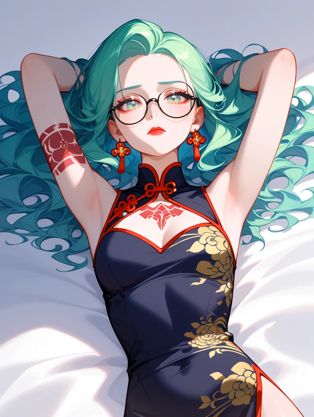 (((put on glasses,drooing eyes,roundly eyes,with round face))),(((The upper part of the body))),(((goddes,Amaterasu,calamus,Beautiful green hair))),(((orange flame effect:1.3,Radial backlight:1.3,Color feathers:1.2,beautiful kimonos,gorgeous colors,Red and white kimono,Komono))),saggy tits,bare shoulders,(Fractal Art:1.3),(colorful flower:1.2),metal ornaments,Particle,llight rays,(masterpiece,top-quality,top-quality,Official art,Beautifully Aesthetic:1.2),(1girl in:1.3),A highly detailed,(colourfull:1.1)(florals:1.3),highest details,(Zentangle:1.2),(dynamicposes),(Abstract background:1.3),(shinny skin),(Many colors:1.4),(耳环:1.4),(feather:1.4),(Red lips:1.5),(Gloss on lips:1.5)