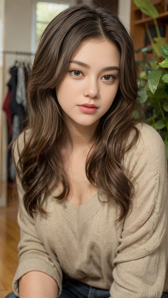 sexy clothes,beautiful, masterpiece, best quality, A girl with long brown hair, has brown eyes with long eyelashes, her cheeks are natural red, she is wearing a sexy