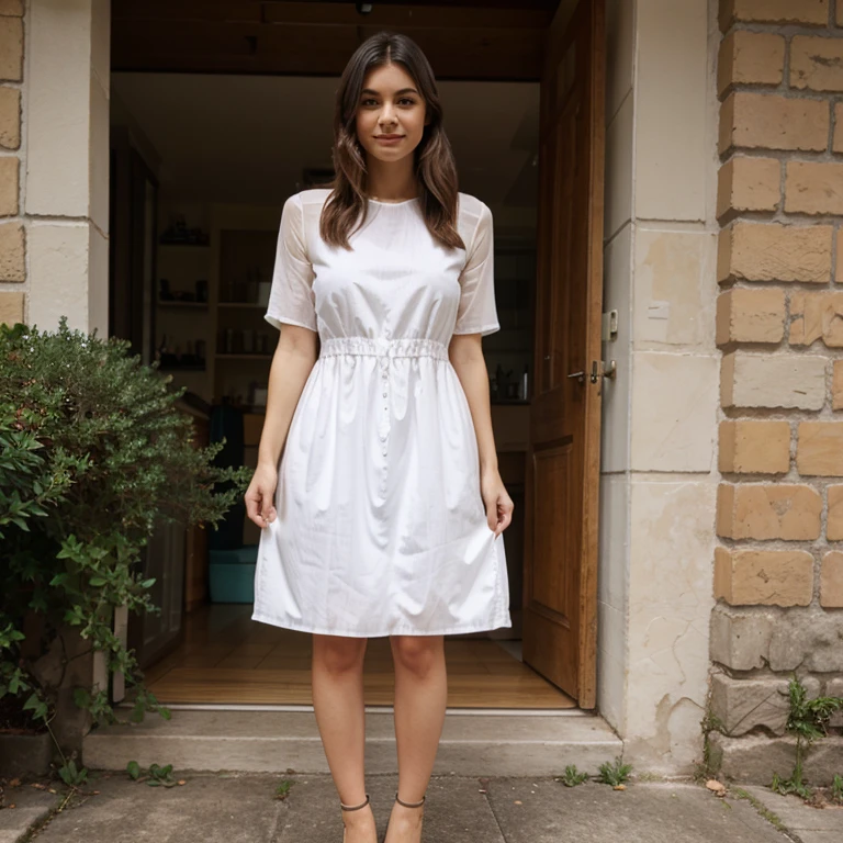woman riding a bicycle wearing a white dress with a big beautiful face