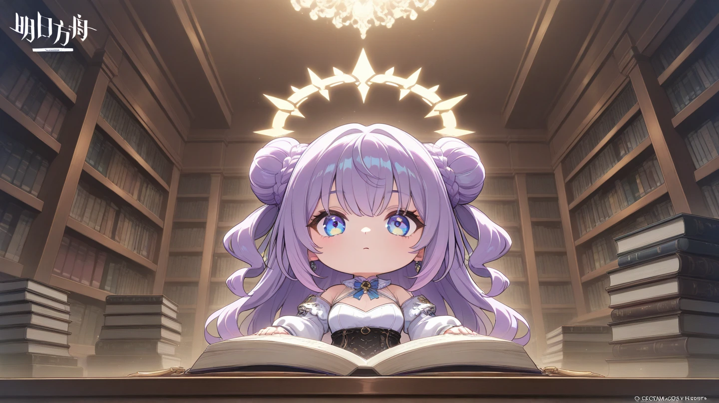 masterpiece, best quality, good quality, very aesthetic, absurdres, newest, 8K, depth of view, 1girl, solo, chibi, wyrm, library