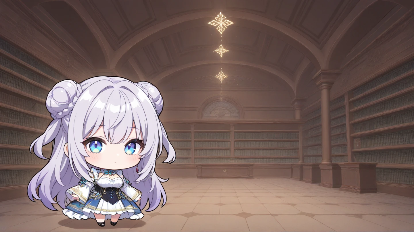 masterpiece, best quality, good quality, very aesthetic, absurdres, newest, 8K, depth of view, 1girl, solo, chibi, wyrm, library