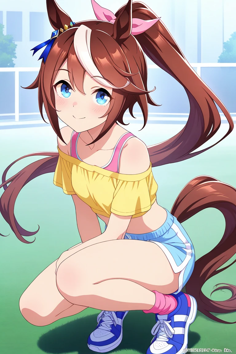 Tokai Teio \(umamusume\), ((Highly detailed eyes)), masterpiece, Highest quality, (abnormal body, Small breasts, (Horse tail) ,smile, blush, (indoor, office, living room), whole body, frontage, Long ponytail, (Striped panties), (Striped bra), (In underwear), (Flashy underwear), (lingerie), From behind