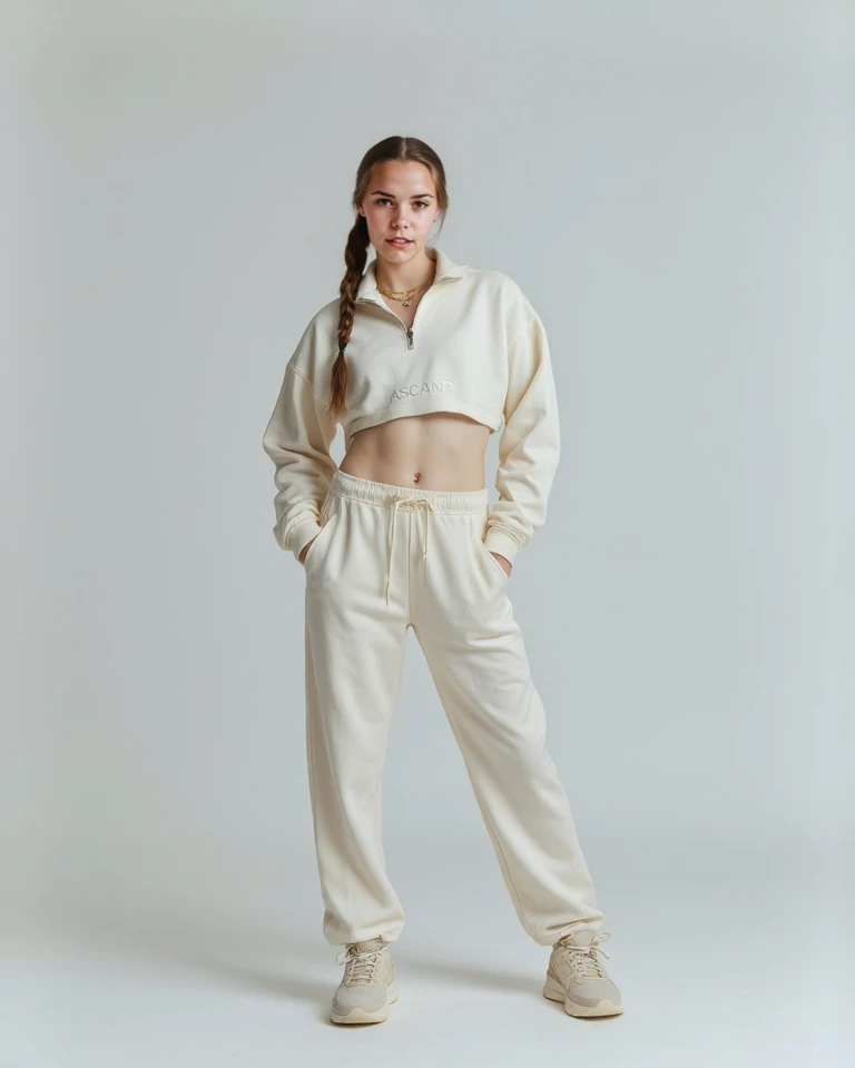 A woman with a long shirt and long pants and with a cap and very cute dreadlocks 