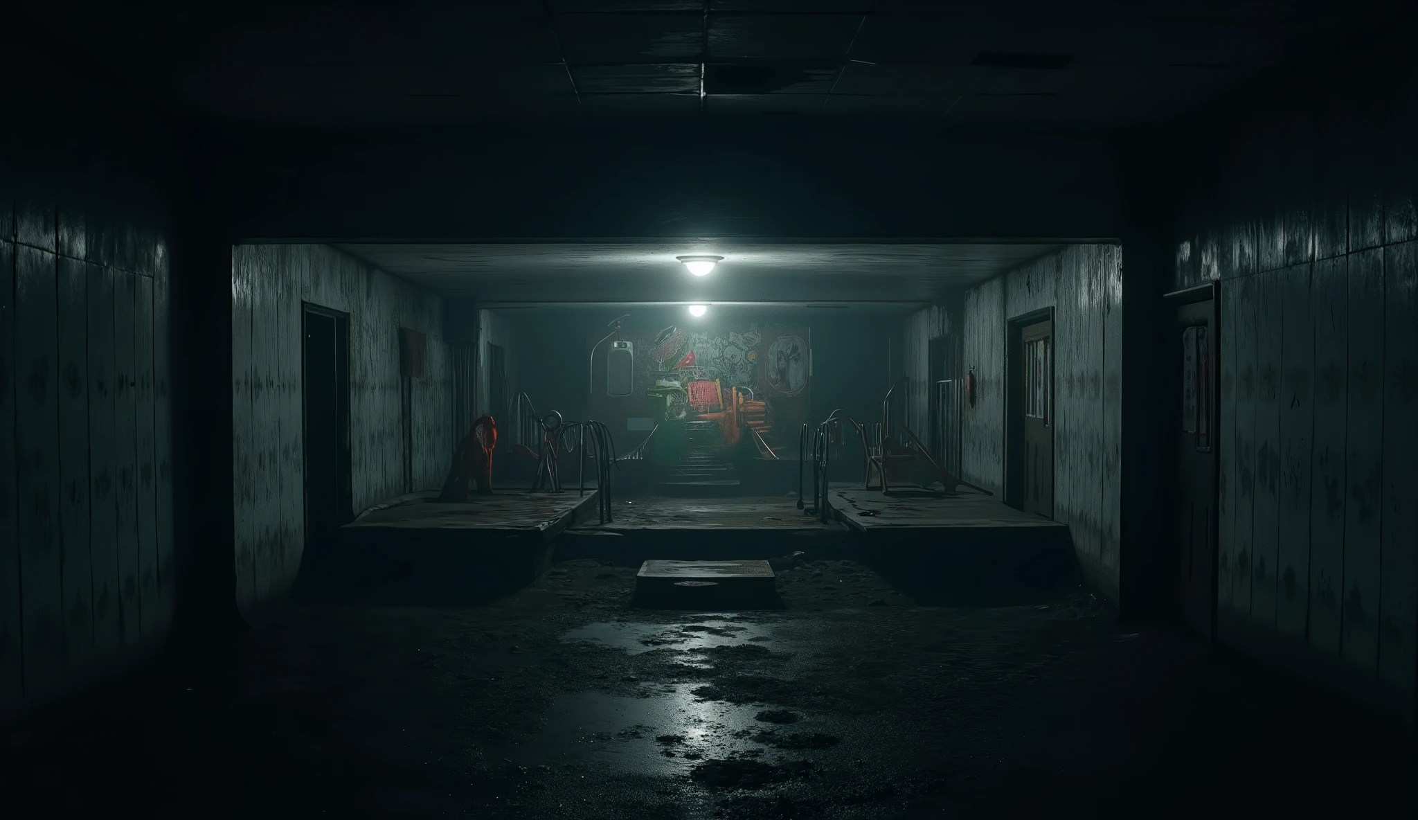 A dark Amusement Park in a basement, lonely,  surreal, liminal, hyper realistic, high detail, masterpiece.