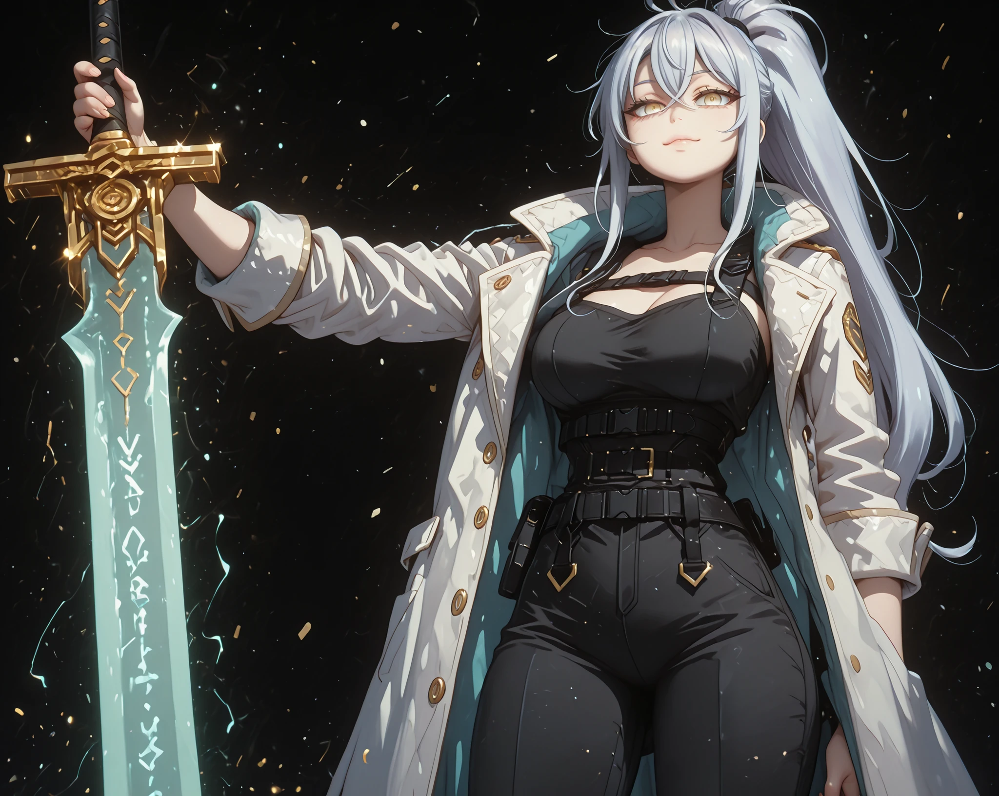 A young female character, black background, with the same height and body type as Alisa Mikhailovna Kujou from Alya Sometimes Hides Her Feelings in Russian. She has silver hair tied in a long ponytail like Sylpha Langlis from Tensei Shitara Dai Nana Ōji, and the same facial features as Sylpha Langlis from Tensei Shitara Dai Nana Ōji: flashy golden eyes, but with a provocative and confident smile. She wears a black tactical military uniform that covers her from neck to breasts, exposing her abdomen, she wears very loose black military pants with military boots that are also black, she wears a white military coat that is falling over her arms and is extremely detailed with several gold medals and military crests, coat falling over her arms, the character is short and has the height, short character, young character.
Her pose is bold and confrontational, looking directly at the viewer (screen), and an expression full of confidence. The overall style should be detailed and colorful, matching the rendering quality, but with a cyberpunk feel and a younger feminine appearance, by Alisa Mikhailovna Kujou from Alya Sometimes Hides Her Feelings in Russian, The character is a teenager, the character is short and has the height, short character, young character.
The character is holding a huge large sword whose blade is extremely wide and long, the large sword is completely black and rustic, as if it had been forged from a meteor.
The character has large breasts, a large butt, wide hips and a thin waist. The character is young and short, being just a child, her height is 1.5 meters.