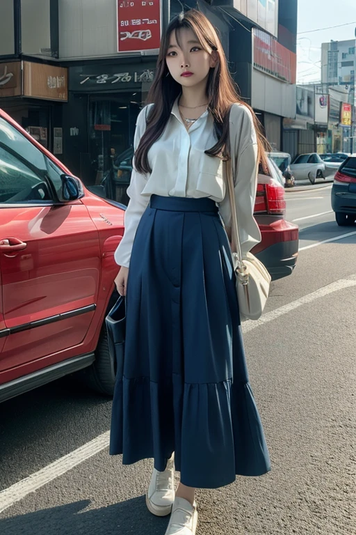 There is a woman standing on the steps, long hair, fine skin texture and cloth texture, fine eyes, long eyelashes, double eyelids, wearing fluent long clothes, wearing fluent mid-skirt, mid-skirt, hanbok apron, bae suzy, mid-skirt apron, wearing fluent clothes, Ghibli anime style, wearing skirt, milk and mocha style, gray skirt, inspired by Shen Se-jung, casual clothing style, skirt