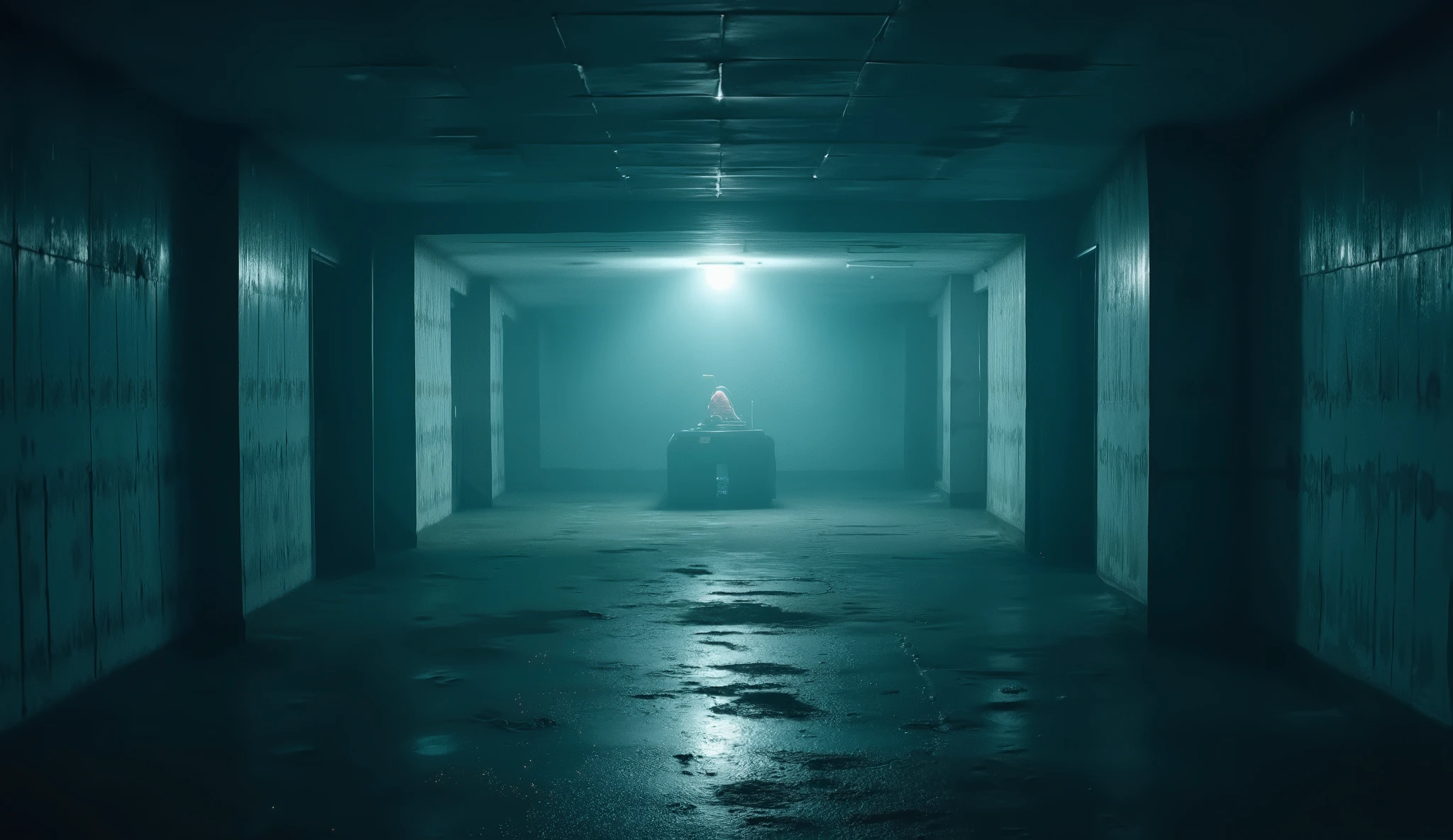 Endless basement, lonely, ethereal lighting, surreal, liminal, hyper realistic, high detail, masterpiece.