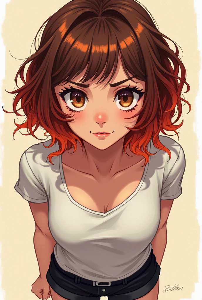 Complete drawing of a 20 year old girl, short brown hair and white highlights, dark green eyes, splattered nose, wear a red skirt, white top glued to her, an ear piercing, happy