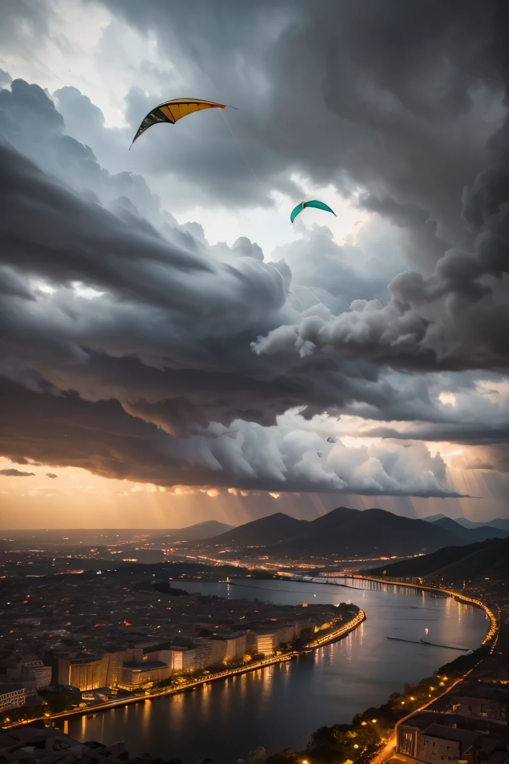 kite flying, high in the sky, colorful kites, kite competition, dramatic clouds, stormy weather, dynamic wind, vibrant colors, dramatic lighting, cinematic atmosphere, photorealistic, 8K, HDR, professional photography, masterpiece, ultra-detailed, sharp focus, vivid colors, dramatic lighting, moody, fantasy, cinematic