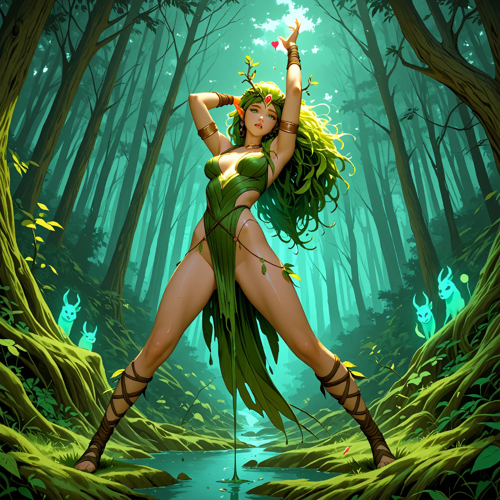 a curvy and big-breasted Brazilian heroine, wearing a sexy river blue high-leg leotard. She has a powerful and confident stance, embodying her connection to the Amazon rainforest. Her appearance is enhanced with natural elements, such as subtle water and plant motifs on her leotard, and her long, flowing hair reflects the vibrancy of the river. The background shows the lush, green environment of the Amazon rainforest, emphasizing her role as a protector of nature.