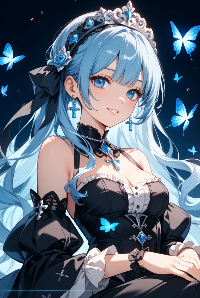 (masutepiece:1.3), (8K, Photorealistic, Raw photo, Best Quality: 1.4), Beautiful face, (Realistic face), Beautiful detailed eyes, (Realistic skin), Attractive, Intricate details,Golden ratio,  1 girl,Naughty smile, (rainbow hair:1.4),((Long twintails,Ribbon 1.4)),Gothic Lolita Fashion,(Blue butterfly hair ornament),off shoulders,cleavage,Dynamic Pose,Dynamic Angle,Intricate details, Hyper realistic, Perfect Anatomy、only face、A smile、Smiling、Face enhancement、Golden light、rainbows、Heaven、angelicales、Deities、Luz Divina(masutepiece:1.3), (8K, Photorealistic, Raw photo, Best Quality: 1.4), Beautiful face, (Realistic face), Beautiful detailed eyes, (Realistic skin), Attractive, Intricate details,Golden ratio, 1 girl,Naughty smile, (rainbow hair:1.4),((Long twintails,Ribbon 1.4)),（looking-down),Dynamic Angle,ultra-detailliert, illustratio, gros-plan, Straight, One girl, (Fantasia:1.4), (azure eyes:1.233),Her eyes shone like dreamy stars,(radiant eyes:1.233) ,(beautiful and delicate eyes:1.1),((+(Bullhair flower:1.14)),(Chiffon dress,Blue floral pattern on uniform)/=(military outfits:1.24),(no sleeves,Wide sleeves),(Fingerless gloves),a choker,(Miko is not),high-heels,(deadpan,Mouth closure),(Standing), (classical Princess boudoir with dressing tableand french windowin a white ancient palaces),(white blossoms、florals),(abyssal),(flowingwater),(a dull blue world tree:1.14),(Ruins),(natta:1.2 ),Dreamy,Seoul,(fluorescent),(Translucent blue butterfly flight:1.15),[[Delicate fingers and hands:0.55]::0.85],(Fine fingers),(yubao:0.5)
