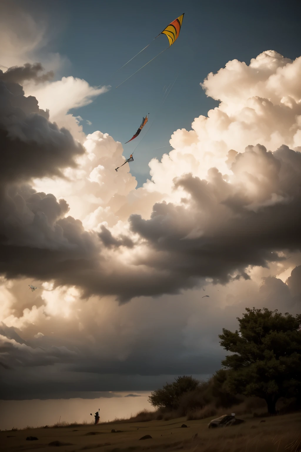 kite flying, high in the sky, colorful kites, kite competition, dramatic clouds, stormy weather, dynamic wind, vibrant colors, dramatic lighting, cinematic atmosphere, photorealistic, 8K, HDR, professional photography, masterpiece, ultra-detailed, sharp focus, vivid colors, dramatic lighting, moody, fantasy, cinematic