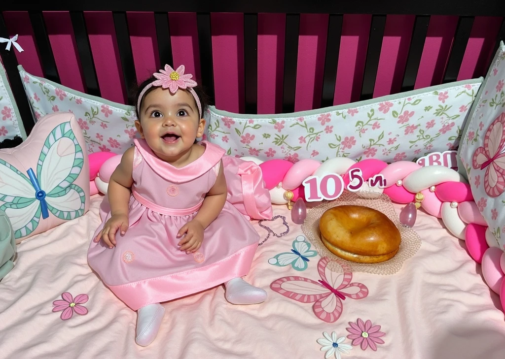 There's a baby sitting on a red couch with balls, lindo bonito, intense expression, bonito bonito, tons de vermelho e verde, bochechas rosadas, olhando bonito, Photo Session, foto de retrato, menina bonito, lovely and cute, babies in her lap, adolable, vermelho e verde, menina bonito, Serious expression. Personagem da Pixar melhor qualidade, Disney