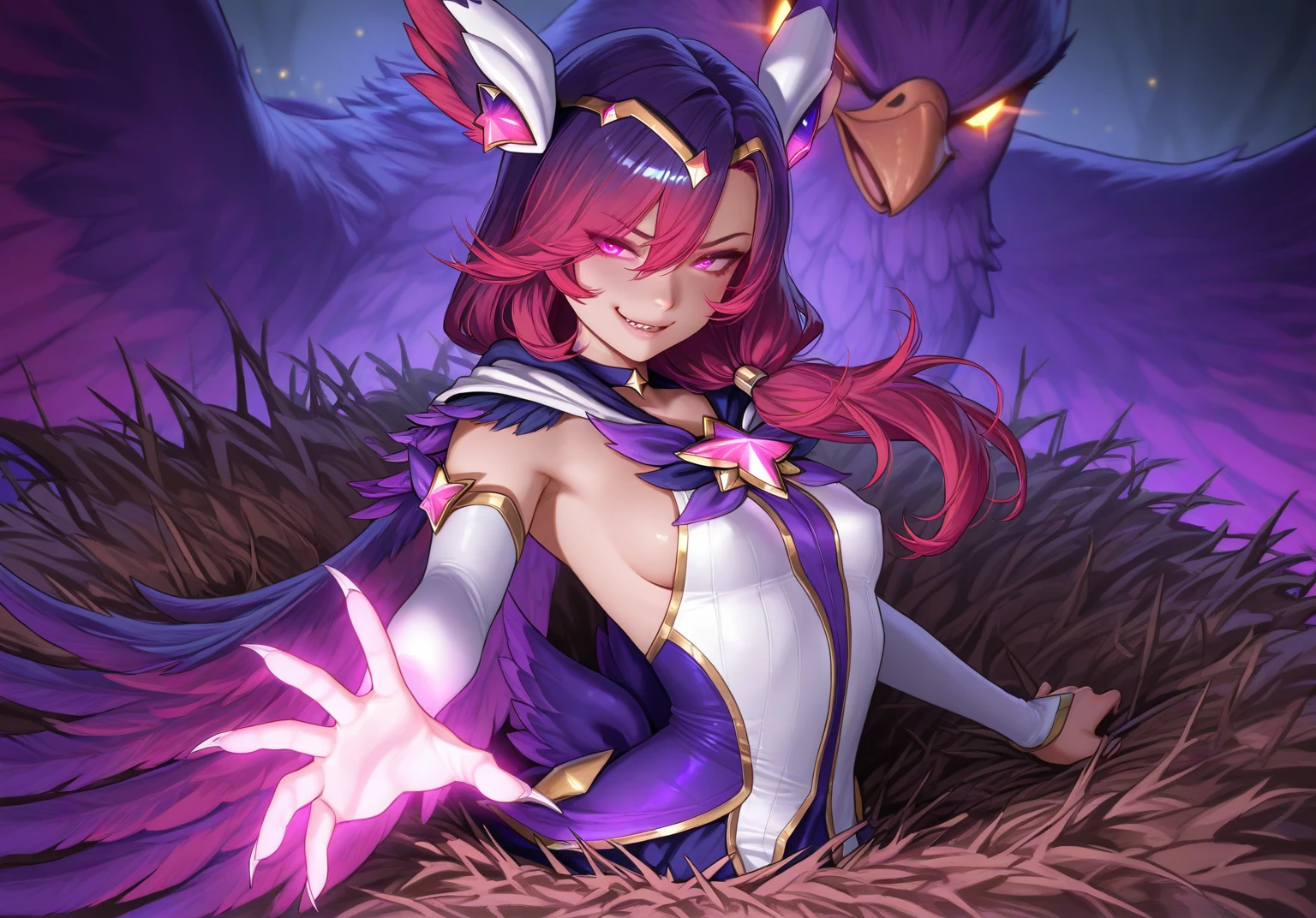 (1girl, ahri \(league of legends\), purple hair, large breasts, cleavage, exotic background, 1girl,
looking at viewer, multicolored hair, upper body
<lora:phantom_ix_row:1>