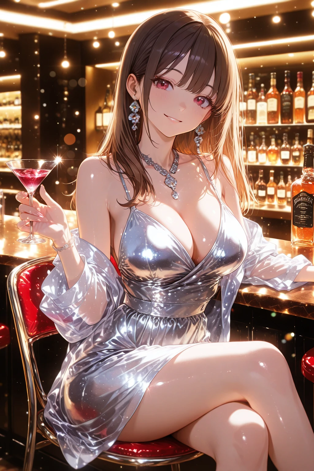 ((((masterpiece, best quality, high resolution)))), 1girl, white hair, purple eyes, short wavy hair, average breasts, blush, light smile, parted lips, glow, thighs, bare shoulders, collarbone, narrow waist, cleavage, (beautiful detailed face, beautiful detailed eyes), (revealing clothes:1.0), (breasts curtain, sideboobs, plunging neckline, backless satin mini dress, high slit cut, revealing, silver necklace, hair ornament, earrings), night sky, night light, fancy jazz bar, glittery dress, holding champagne glass