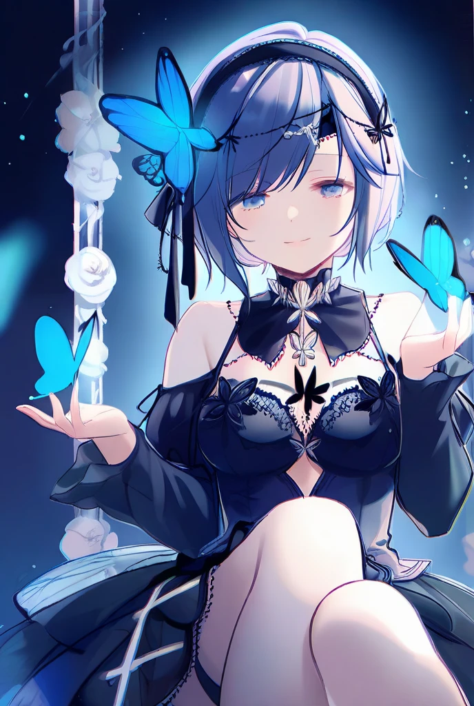 8k, 8k wallpapers, realistic details, highest resolution, (extremely delicate beauty: 1.1), (beautiful detailed eyes: 1.3), (best illustration: 1.1), (best quality: 1.3), (best shadow: 1.1), (movie lighting: 1.2), (cyberpunk: 1.6), portrait, fairy, condescending, daunting, turquoise route, pixiv wallpaper, gothic style, picture novel and creative, rich background, blue magic fluorescent, lavender, transparent butterfly , Sony telephoto shot, master contrast, violet, effeminate, seductive, full body