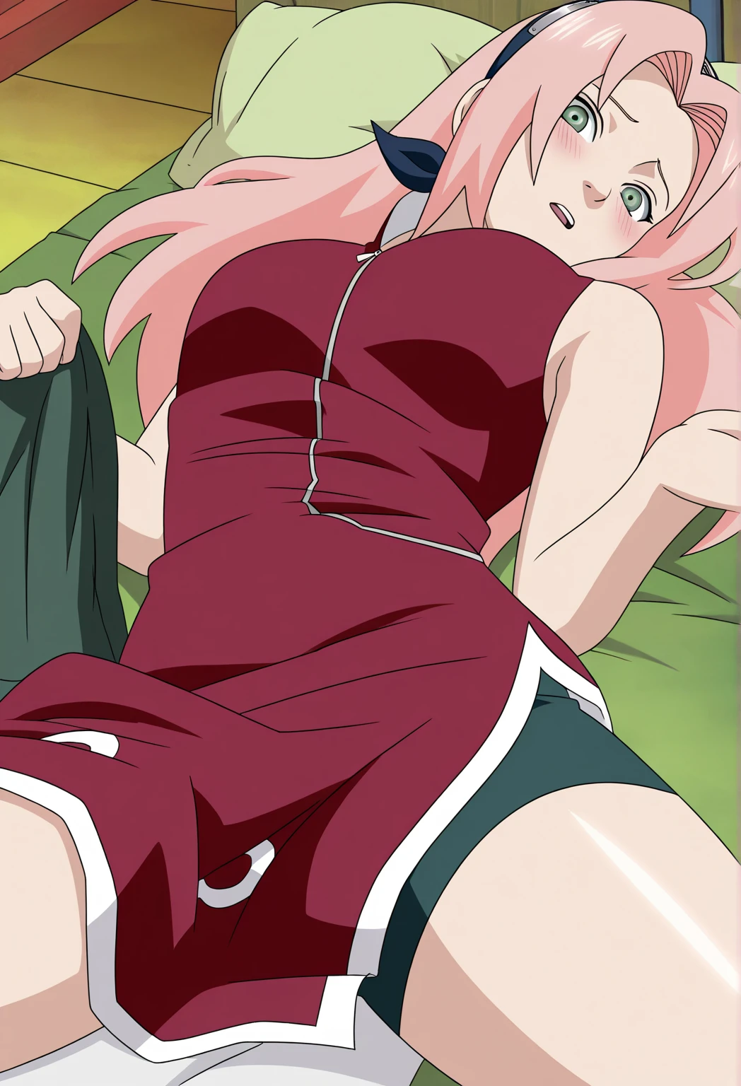 nsfw, Sakura haruno, ultra_detailed, source_anime, anime screencap, fake screenshot, best quality, 1girl, solo, pink hair, long hair, parted bangs, green eyes, shiny thighs ,"Red sleeveless Chinese qipao with white trim and symbol, green shorts, .", masterpiece,best quality,amazing quality, lying_down, blush, soft tight rubber shorts, long tight shorts up to mid-thigh, meaty, detailed, cowboy shot, dutch angle, wide hips, relax, solo, bedroom, blush, open mouth, beautiful legs, legs, beautiful body, detailed face, detailed eyes, looking at viewer, flirty gaze, on back, sexy, hot, spread legs, hold skirt to the side, shiny thighs, nsfw